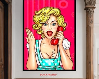 Retro Pop Art Woman Canvas Wall Art – Colorful Blonde Girl Talking on Red Phone – Vintage Comic Style Kitchen Decor for Bold Interiors
