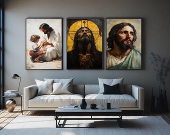 3 Piece Jesus Christ Wall Art – Passion Crown of Thorns, Gentle Portrait, and With Children Scene for Christian Home and Church Decor