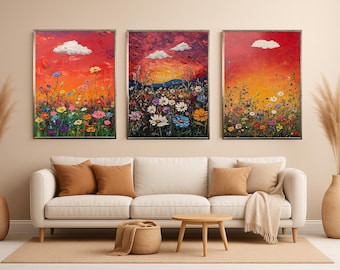 Sunset Wildflower Canvas Print Set, Modern Botanical Landscape Wall Art for Living Room or Bedroom, Nature Inspired Floral Meadow Home Decor