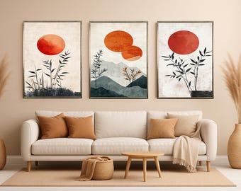 Japandi Bamboo Sunset Print Set: Minimalist Zen Wall Art