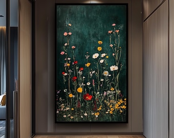 Dark Green Wall Art With Tall Wildflowers, Cottagecore Botanical Garden Painting, Rustic Meadow Flower Print for Nature Inspired Decor