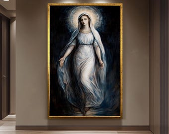 Virgin Mary Canvas Art Monochrome Catholic Wall Decor Spiritual Religious Print Elegant Faith Based Artwork for Modern Sacred Home Spaces