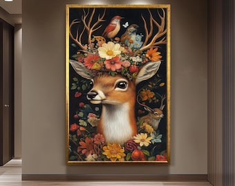 Whimsical Deer Floral Canvas Wall Art Surreal Woodland Animal Print for Nursery, Cabin or Living Room Enchanting Nature Gift for Deer Lovers