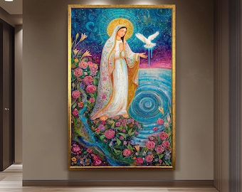 May include: A framed painting shows a woman in a white gown and gold halo, surrounded by roses and water. A white dove is nearby. The background features a swirling blue sea and a starry sky, within a gold frame.