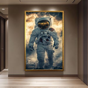 Epic Astronaut Moon Walk Wall Art in Realistic Sci-Fi Style with Space Dust and Helmet Reflection for Space Exploration Lovers Astronaut Art