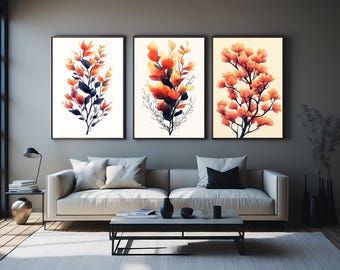 Watercolor Autumn Botanical Print Set: Orange Leaf Wall Art