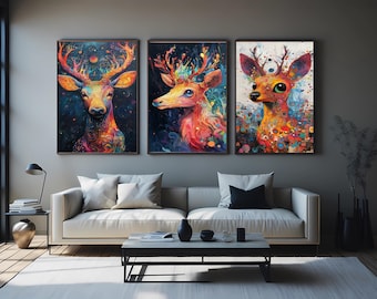 Psychedelic Deer Canvas Print Set: Boho Forest Animal Wall Art