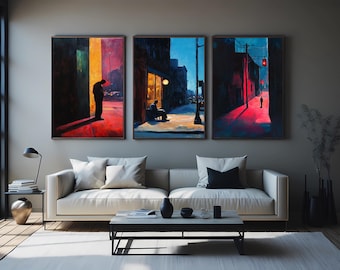 Noir City Night Wall Art Set of 3 Man Reading Sidewalk Red Light Alley Shadowy Figure Urban Solitude Cinematic Expressionist Painting Set