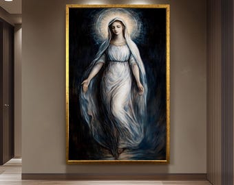 Heavenly Virgin Mary Painting in White Robe with Radiant Halo, Ethereal Catholic Canvas Art for Prayer Room or Spiritual Wall Decor