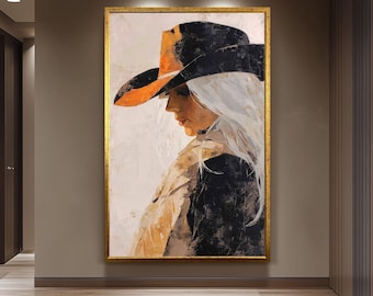 Abstract Western Cowgirl Oil Painting | Woman with Long White Hair in Black and Orange Hat | Rustic Textured Canvas Wall Art Print Woman Art