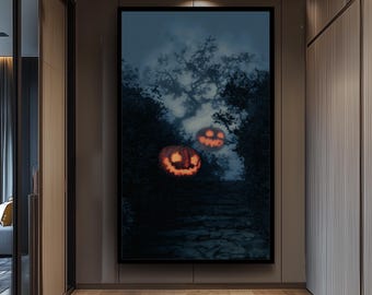 Smiling Jack-O-Lanterns On Misty Stone Steps In Dark Forest Canvas Wall Art For Halloween And Autumn Themed Interior Decor Living Room Print