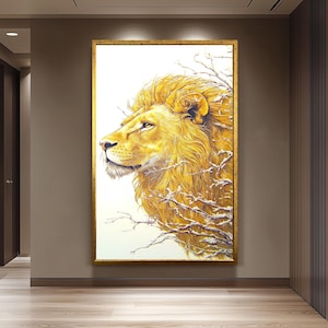 Golden Lion Painting on Canvas, Regal Wildlife Wall Art, Hand Painted Animal Artwork, Majestic Lion King Decor, Elegant Gold Home Gift