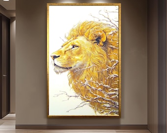 Golden Lion Painting on Canvas, Regal Wildlife Wall Art, Hand Painted Animal Artwork, Majestic Lion King Decor, Elegant Gold Home Gift