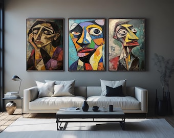 Abstract Cubist Portrait Wall Art Set of 3 – Colorful Modern Face Paintings on Canvas, Contemporary Geometric Home Decor Geometric Wall Art