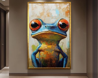 Colorful Surreal Frog Portrait Wall Art in Bold Brushstroke Oil Painting Style for Animal Lovers and Whimsical Home Decor Spaces Frog Canvas