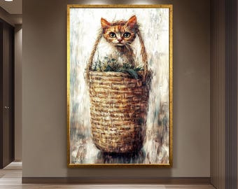 Rustic Cat in Basket Wall Art, Vintage Animal Painting, Whimsical Feline Canvas Print, Cozy Farmhouse Decor, Cute Kitten Artwork, Cat Art