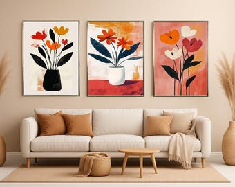 Minimalist Abstract Floral Wall Art Set of 3 Bold Modern Flower Prints Colorful Scandinavian Style Vase Artwork for Home Decor Floral Canvas