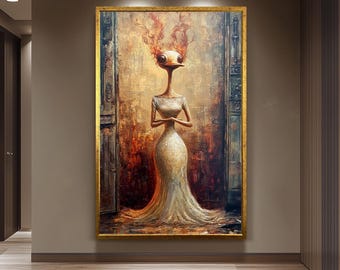 Surreal Duck Woman Oil Painting, Fantasy Gothic Wall Art, Dark Elegant Bird Portrait, Mysterious Avian Lady Print, Unique Vintage Decor