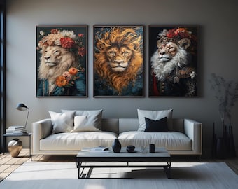 Floral Lion Portrait Set Regal Animal Canvas Wall Art for Living Room, Bedroom or Office Elegant Jungle Decor and Unique Gift for Art Lovers