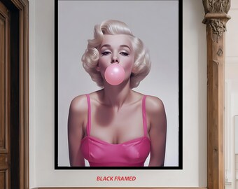 Retro Glam Pop Art Canvas of Blonde Woman in Pink Dress Blowing Bubblegum for Modern Wall Decor with Fashion and Vintage Style Woman Canvas
