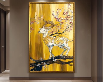 Golden Stag Art, Elegant Animal Wall Art, Fantasy Deer Painting, Cherry Blossom and Gold Decor, Wildlife Print, Nature-Inspired Home Decor
