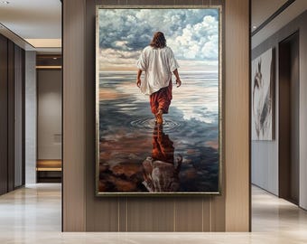 Jesus Walking on Water with Reflection Canvas – Peaceful Christian Wall Art for Faithful Home Decor, Religious Jesus Wall Art Jesus On Water
