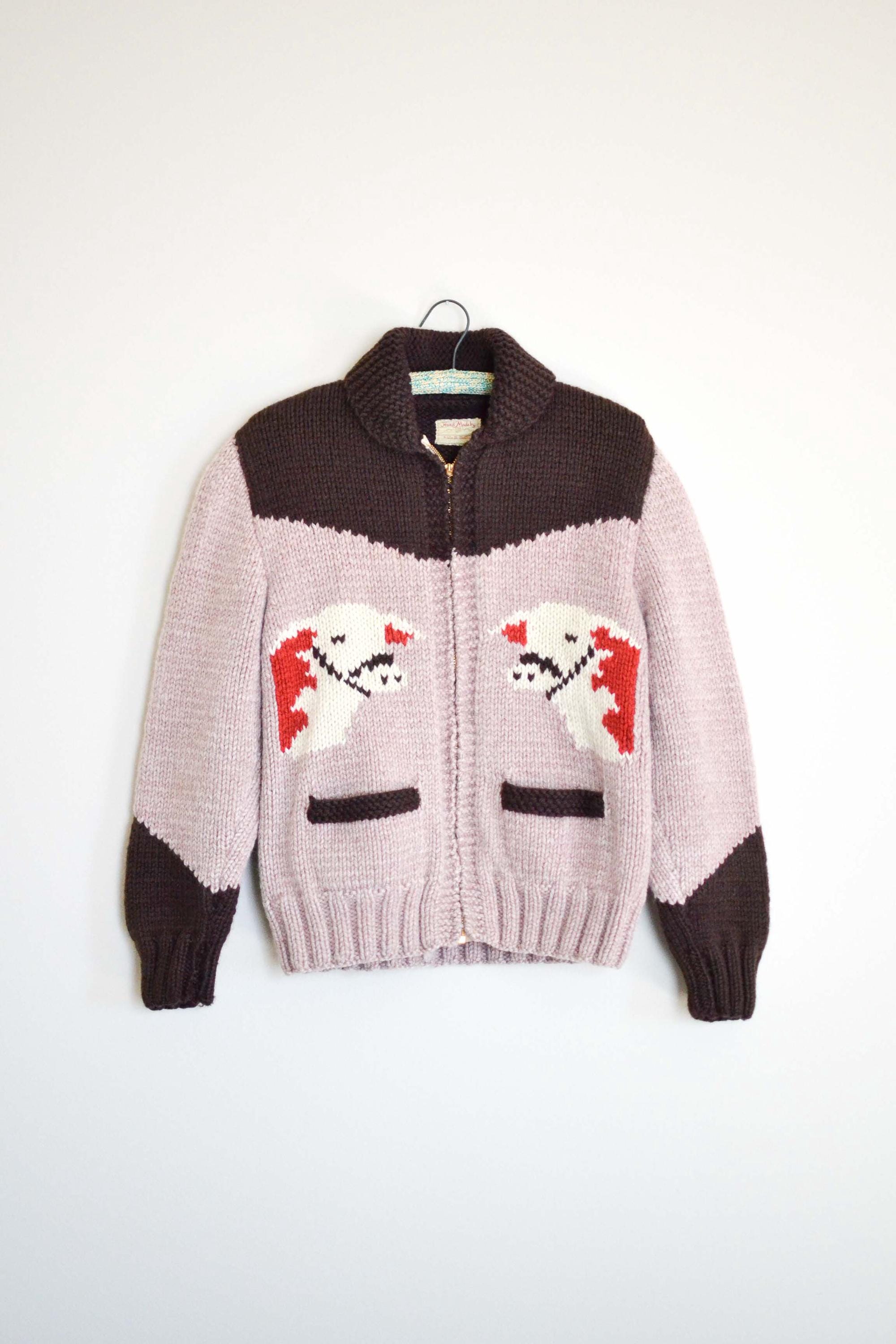 60s Cow wool sweater zip up collared cowichan style chunky warm winter cardigan