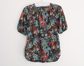 Peasant style blouse botanical leaves sheer small