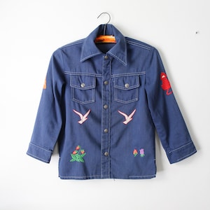 60s 70s Montgomery Ward hand embroidered denim collared button down shirt small medium wash blue jean