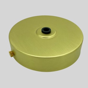 May include: A circular, brushed brass ceiling rose with a black central fitting and a small brass screw. The rose is a light gold colour and has a simple, modern design. It is likely used for suspending a light fitting.