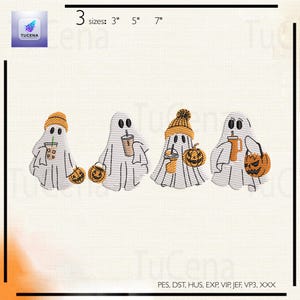 Cute Ghost Holding Coffee and Pumpkin Embroidery Design, Halloween Digital Stitch File for Embroidery Hoops, Instant Download