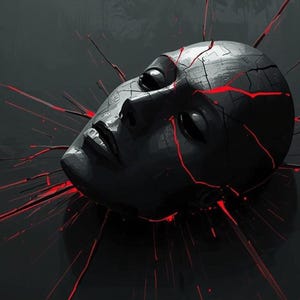 Könnte beinhalten: Digitales Kunstbild zeigt ein zerbrochenes, dunkelgraues Gesicht mit roten Linien. Der Text oben lautet "ICH HAB DIE SCHNAUZE VOLL VOM FUNKTIONIEREN." Der Text unten lautet "Wie du aufhörst, dich selbst zu verlieren, nur um für alle anderen stark zu sein."