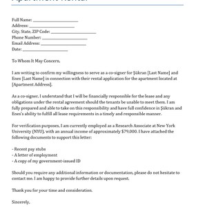 Plantilla de carta de aval para el alquiler de un apartamento