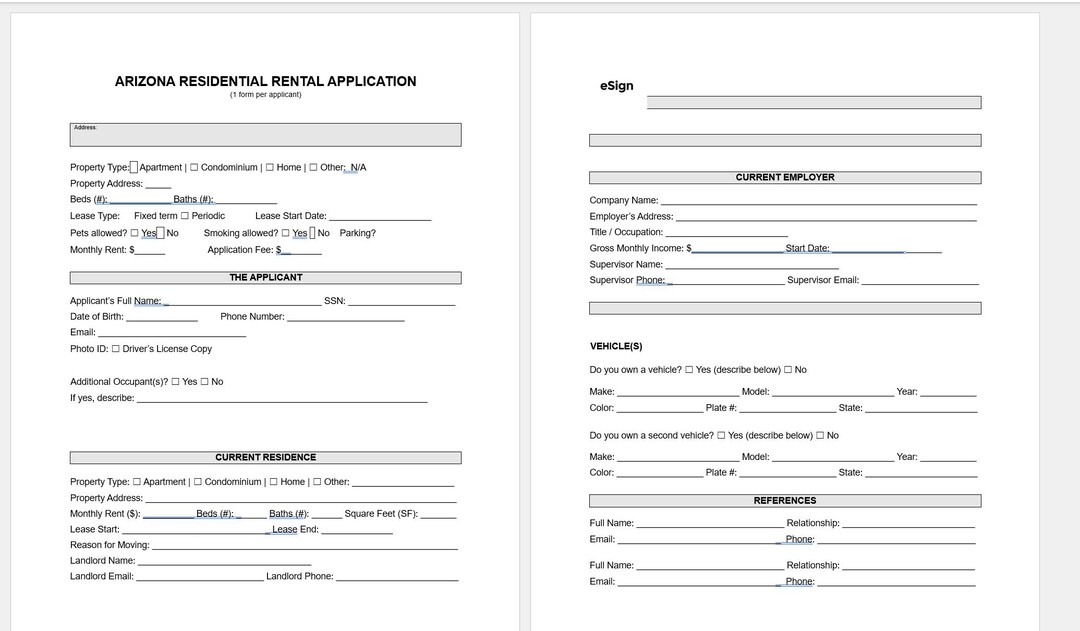 Arizona Rental Application Form (editable Word) - Etsy