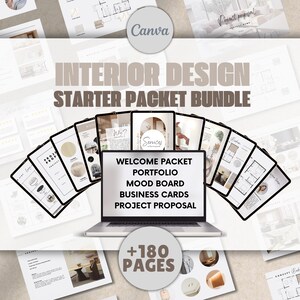 Ensemble de kits de démarrage pour décoration d'intérieur Modèles Canva pour portfolio, Pack de bienvenue, Cartes de visite, Proposition de projet et Tableau d'ambiance