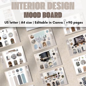 Plantilla de Canva para tableros de inspiración de diseño de interiores, ideal para presentaciones de concepto para clientes, proyectos de diseño electrónico y tableros de diseño visual.