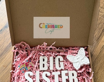 Könnte beinhalten: Ein Bastelset in einem Pappkarton mit den Worten "BIG SISTER" in weißen Buchstaben, einem weißen Schmetterling und Farbtöpfen. Die Box ist mit rosa Papierschnipseln gefüllt und enthält ein Etikett mit der Aufschrift "CHERISHED Crafts".