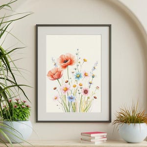 Wildflower Watercolor Print for Wall | Soft Pastel Floral Art Printable | Country Cottagecore Digital Download Spring Bloom Poster