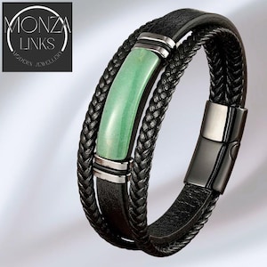 Green Aventurine Stone Leather-style Bracelet, Multi Layer Black Braided Bands, Polished Metal Rings, Black Magnetic Clasp.