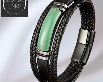 Groene aventurijn armband in leerstijl, meerlaagse zwarte gevlochten banden, gepolijste metalen ringen, zwarte magnetische sluiting.