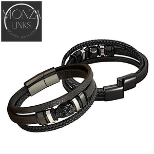 May include: Two black leather bracelets with metal accents. One bracelet has a braided design and the other has a lion head design.