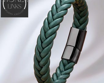 Groene dikke gevlochten leren armband, magnetische sluiting, moderne stijl voor mannen en vrouwen.