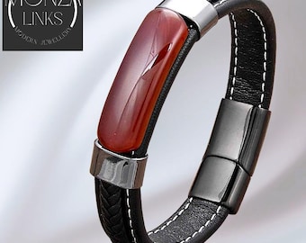 Rode agaat armband in leerstijl, enkele zwarte band, moderne sieraden voor mannen en vrouwen.