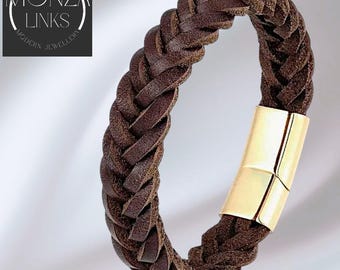 Pulsera de cuero tejido resistente de color marrón, cierre magnético seguro, joyería unisex moderna.