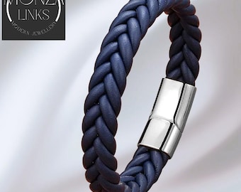 Blauwe dikke gevlochten leren armband, magnetische sluiting, moderne uniseks stijl.