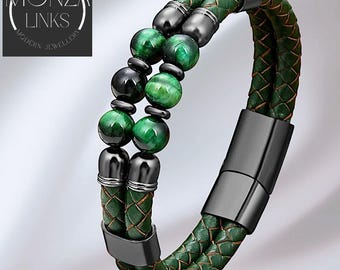 Tiger Eye Bead Braided Leather-style Bracelet, Double Band Design, Secure Black Magnetic Clasp.