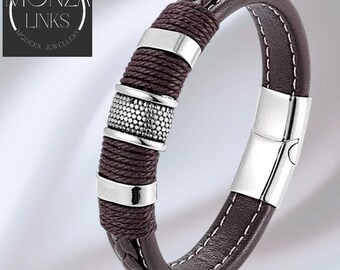 Gekartelde bruine leren armband, enkele gevlochten band met accentringen, magnetische sluiting, voor heren en dames.