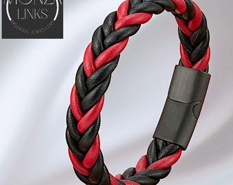 Pulsera ancha de cuero trenzado grueso, opciones de dos tonos, cierre magnético negro.