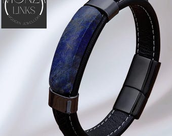 Blauwe lapis-steen armband in leerstijl, enkele zwarte band, moderne sieraden voor mannen en vrouwen.