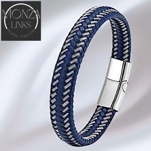 Refined Braided Leather-style Bracelet with Contrast Silver-White Stitching, Magnetic Clasp.